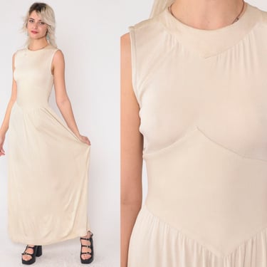 1970s Grecian Maxi Dress Beige Asymmetrical Chevron Drop Waist 70s Boho Party Dress Long Vintage Sleeveless Bohemian Small 