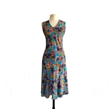 Vintage 80s abstract floral dress in purple blue red and mustard| 30s inspired 