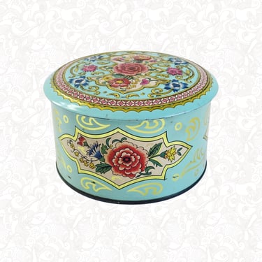 Daher Powder Tin, Pink and Turquoise Floral Roses Metal Canister, Decorative Storage Box 