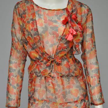 1920s silk autumnal leaf print dress with shirt XS 