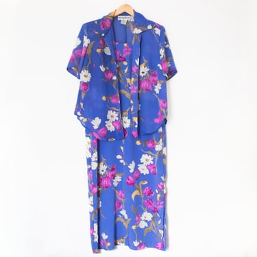 Another Thyme | Vintage 80s Floral Dress & Short Sleeve Top Set | Size 16W, Vacation, 2 Piece, Plus Size / Flower Print, Tropical, Vacay 