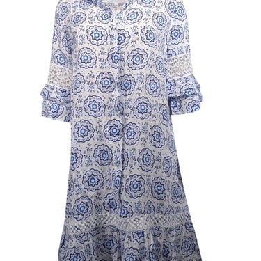 Temptation Positano - White & Blue Mandala Print Linen Dress Sz S