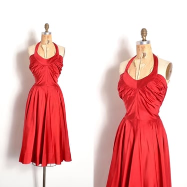Vintage 1950s Dress / 50s Silk Halter Party Dress / Ruby Red ( small S ) 