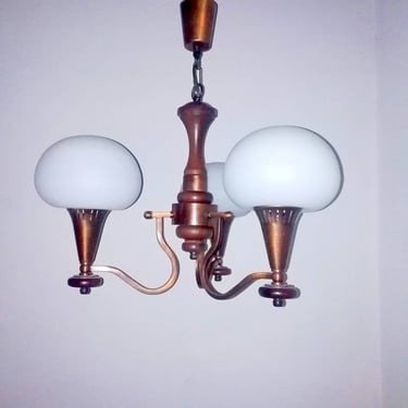 Vintage Pendant Lamp/ Ceiling Light/ Three Arms Chandelier/ Mid Century Lightning/ Wood and Brass Lamp/ Yugoslavia/ 70s 