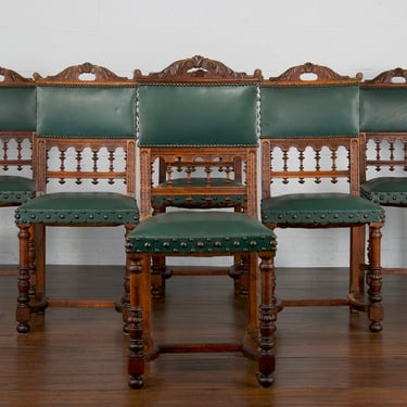 Late 19th Century French Renaissance Henry II Walnut Dining Chairs W/ Green Vinyl - Set of 6 