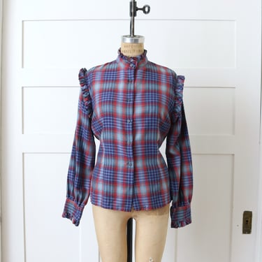 vintage 1980s plaid ruffle blouse • purple & pink soft cotton flannel long sleeve shirt 