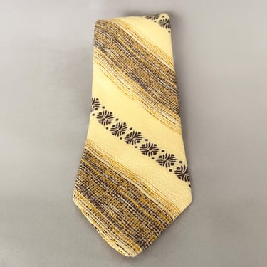 1970s Pale Yellow and Brown Polyester Tie by JEM | 70s Vintage Bias Stripe Brocade Necktie 
