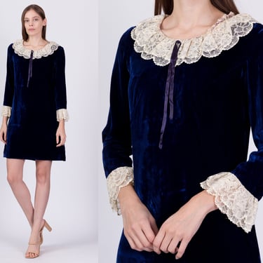 60s Blue Velvet Lace Trim Mini Dress - Small | Long Sleeve Retro Lolita Babydoll Party Dress 