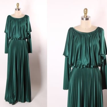1970s Forest Green Draped Bodice Pleated Skirt Long Sleeve Full Length Formal Bridesmaid Dress -S 