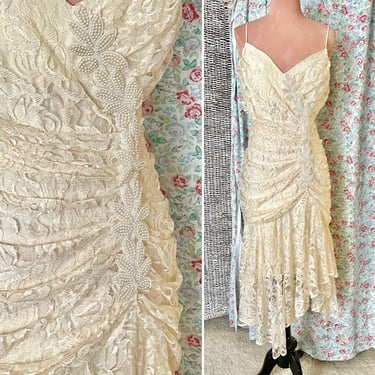 Vintage Slip Dress, Wedding, All Over Lace, Faux Pearls, Bridal, Spaghetti Straps, Gatsby 