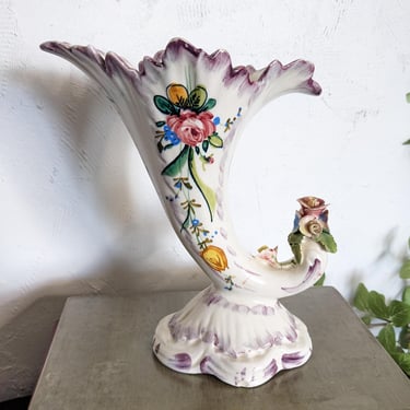 Pretty Purple Hand Painted Italian Floral Ceramic Cornucopia Vase 