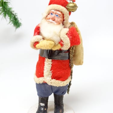 Antique 5 3/4 Inch SANTA With Hand Painted Clay Face,  Bell on Hood, Bag on Back, Christmas Toy, Vintage Retro Decor 