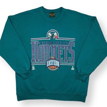 Vintage 90s Charlotte Hornets Basketball Eastern Conference Made in USA NBA Graphic Crewneck Sweatshirt Pullover Size XL 
