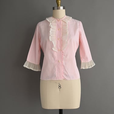 vintage 1950s Blouse | Bubble Gum Pink Pinstripe Cotton Ruffle Blouse | Medium 