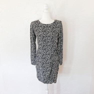 80s/90s Black and White Floral Long Sleeve Faux Wrap Dress | Small/Medium 