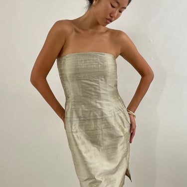 90s silk dress / vintage champagne gold raw silk dupioni strapless cocktail knee length mini dress | Small size 4 