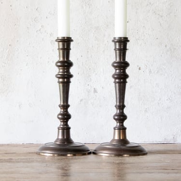 8" Tall Bronze Plated Candlesticks, Pair of Vintage Metal Candle Holders, Set of 2 Taper Holders 