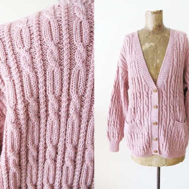 Vintage 90s Pink Cable Knit Cardigan S M - Grunge Baggy Knit Sweater - Cozy Knitted Rose Pastel Cardigan - Cottagecore Academia Prep 
