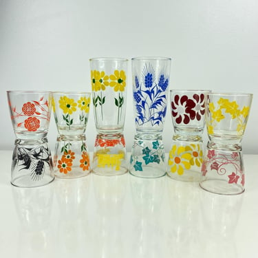 Sold Individually:  Vintage Hazel Atlas Sour Cream Cottage Cheese Glasses w/Retro Designs, Juice Cup, Floral Daisy, Pinwheel, Trains, Birds 