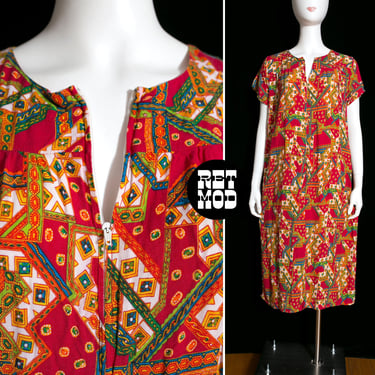 Comfy Vintage 70s Red Abstract Asian Patterned Muumuu Dress with Front Zip 