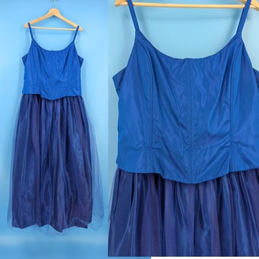 Vintage 90s Jessica McClintock XL Blue Spaghetti Strap Corset and Tulle Skirt Prom Formal Dress 