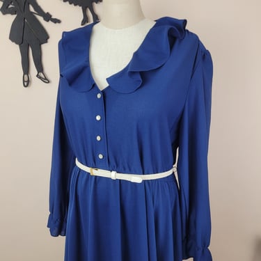 Vintage 1970's Blue Day Dress / 70s Polyester Plus Size Dress XXL 