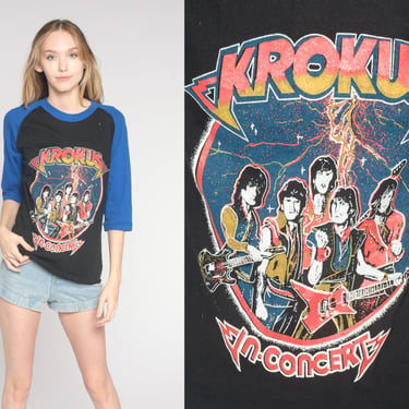 Vintage Krokus Shirt 80s Tour T Shirt Band Concert Shirt Heavy Metal Power Rock TShirt Raglan Baseball Tee Music Promo Vintage 1980s Large L 