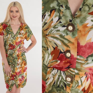 Floral Mini Dress 90s Button Up Day Dress Green Red Orange Watercolor Flower Print Summer Sheath Sun V Neck Short Sleeve Vintage 1990s Small 