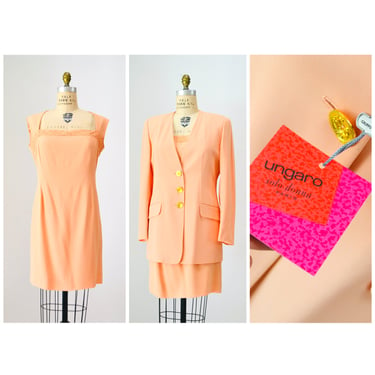 STUNNING 90s Vintage Ungaro Suit Jacket and Dress Size 48 14 Large Peach Salmon Suit Made in Italy Vintage Ungaro Peach Dress Blazer Large 