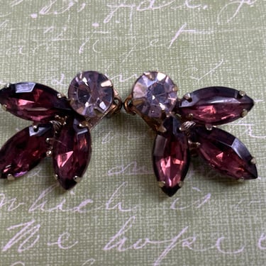vintage purple earrings 1950s jeweled navette clip-ons 