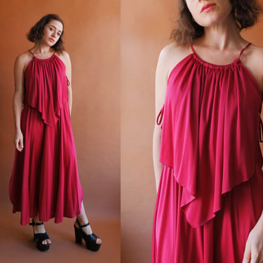 Vintage 70s Merlot Tiered Sleeveless Maxi Dress/ Size Medium 