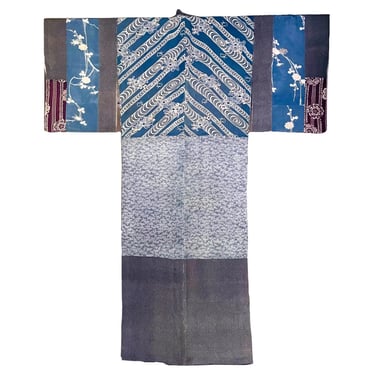 Unusual Japanese Silk Sectional Kimono with Distinct Stencil Designs