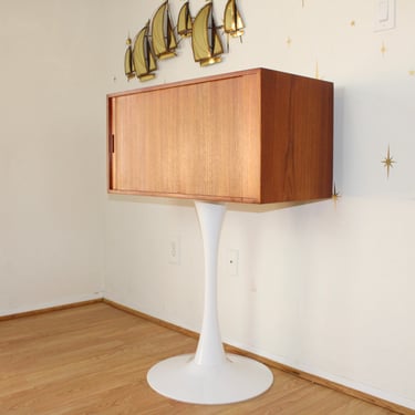 Danish Modern Teak Tambour Door Cabinet on Tulip Base