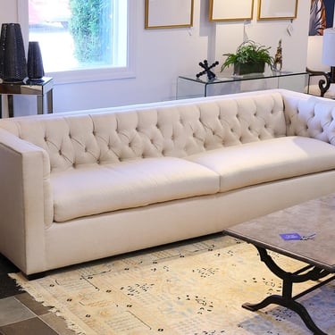 Baker 107" Tufted Shelter-Arm Sofa in White Sand Linen