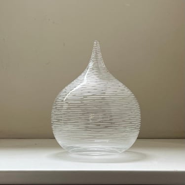 Tall clear handblown fluted glass vase with etched circular pattern 