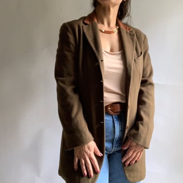 Vintage Drab Brown Wool and Leather Collar Blazer, Cashmere Blend Blazer, Size 6 