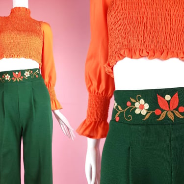 60s 70s embroidered pants. 30s 40s style high rise wide leg. Green & orange floral. Pleated cuffed. (28 x 30) 