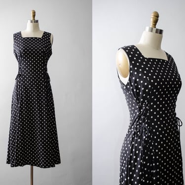 black midi dress 90s vintage white polka dot sleeveless corset dress 
