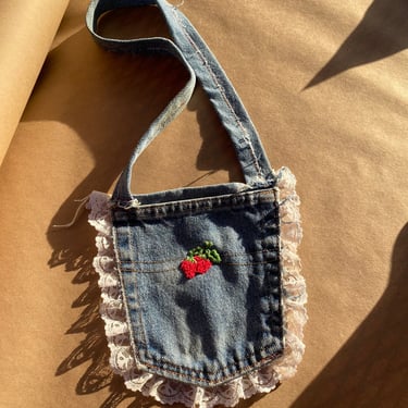 Precious little handmade denim purse with lace and a strawberry patch 