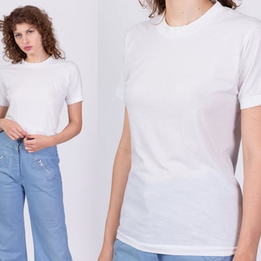 90s Plain White Crew Neck Tee - Small to Medium | Vintage Unisex Short Sleeve T Shirt 