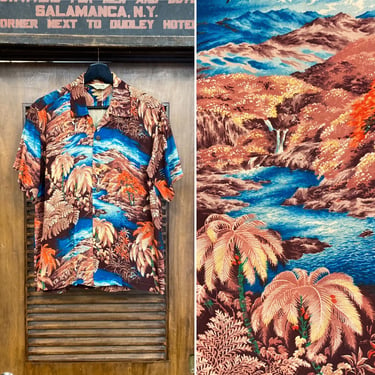 Vintage 1950’s Tropical Island Tiki Crepe Fabric Hawaiian Shirt, 50’s Loop Collar Shirt, Vintage Clothing 
