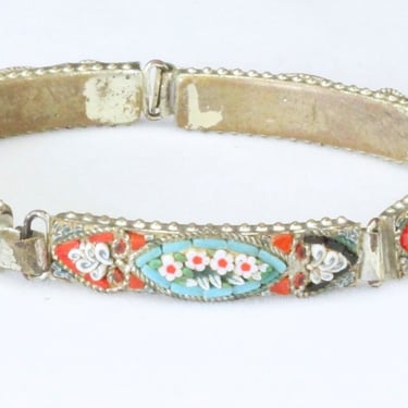 Vintage 1920s Italian Glass Micro Mosaic Hinged Panel Bracelet Floral Italy 