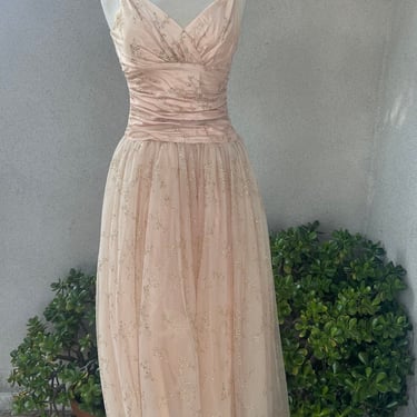 Vintage Jessica McClintock for Gunne Sax soft pink tulle dress gold floral glitter Sz 7/8 