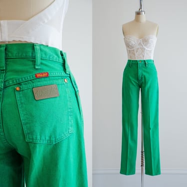 high waisted jeans 70s 80s vintage Wrangler green straight leg jeans 