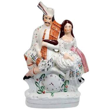 1860's Large Antique English Staffordshire Pottery Flatback Figural Group of a Scottish Couple and Clock 