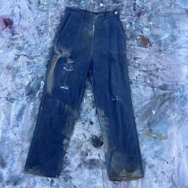 Vintage 1940s 1950s Denim Jeans Pants High Waist Side Zip Flannel Lined Repairs