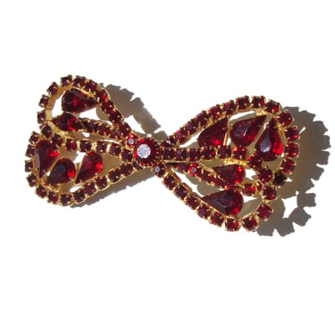 Vintage Red Rhinestone Bow Cocktail Brooch Pin 