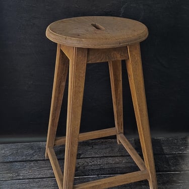 Antique French High Wooden Stool, Rustic Apothecary Stool, Solid Oak Pharmacy Seat, Vintage French Farmhouse Furniture 
