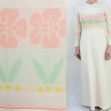 Vintage 60s Maxi Dress - Polyester - Beige / Off White - Floral Pastel Design 