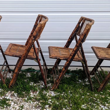 Vintage Mid Century Modern Tortoise Rattan Bamboo Folding Chairs - Set of 4 